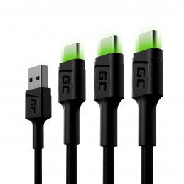 Zestaw 3x Kabel Green Cell GC Ray USB-C 120cm z zielonym podświetleniem LED, szybkie ładowanie Ultra Charge, QC 3.0