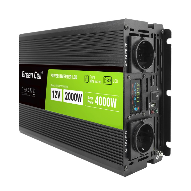 Przetwornica napięcia Green Cell PowerInverter LCD 12 V 2000W/40000W Przetwornica samochodowa z wyświetlaczem - czysty sinus