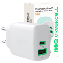 Greencell PowerSource Duo30 Biała Ładowarka sieciowa 30W USB-C USB-A Power Delivery QC3.0- 1x USB-C, 1x USB-A