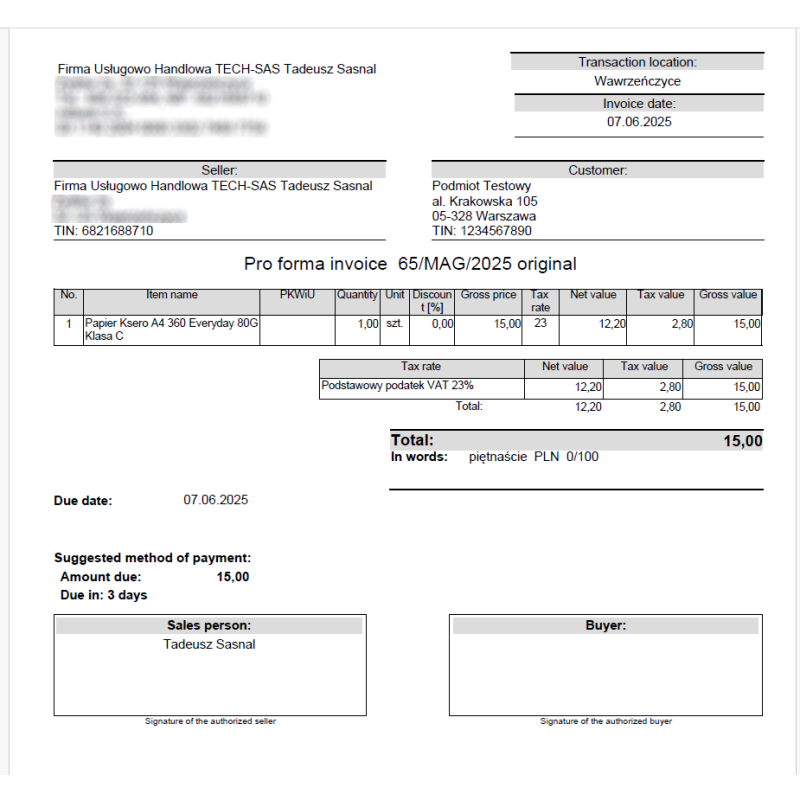 Wzorzec wydruku faktury proforma po Angielsku dla Subiekt GT