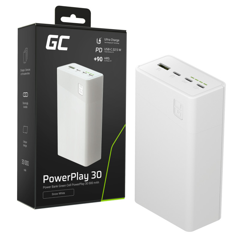 Greencell Powerplay 30 - Biały Powerbank 30 000Mah, 22,5W, 4 Porty