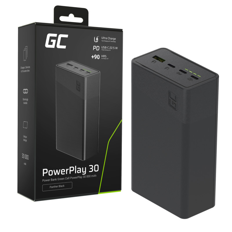 Greencell Powerplay 30 - Czarny Powerbank 30 000Mah, 22,5W, 4 Porty